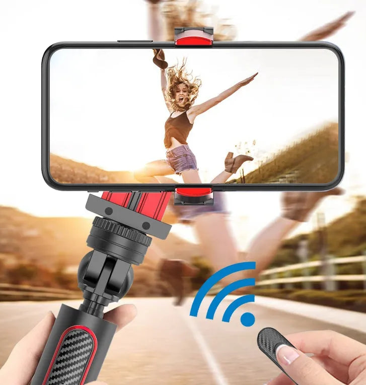 Aluminium alloy video stabiliser tripod extended to full length with phone clamp adjusted for iPhone compatibility