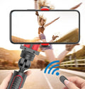 Aluminium alloy video stabiliser tripod extended to full length with phone clamp adjusted for iPhone compatibility