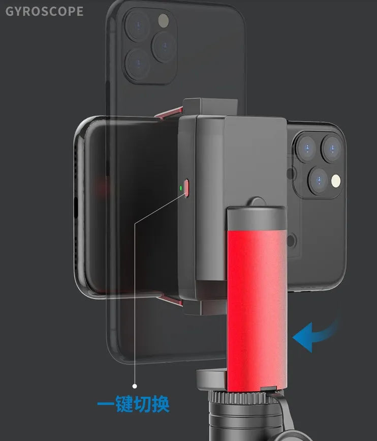 Aluminium alloy video stabiliser tripod extended to full length with phone clamp adjusted for iPhone compatibility