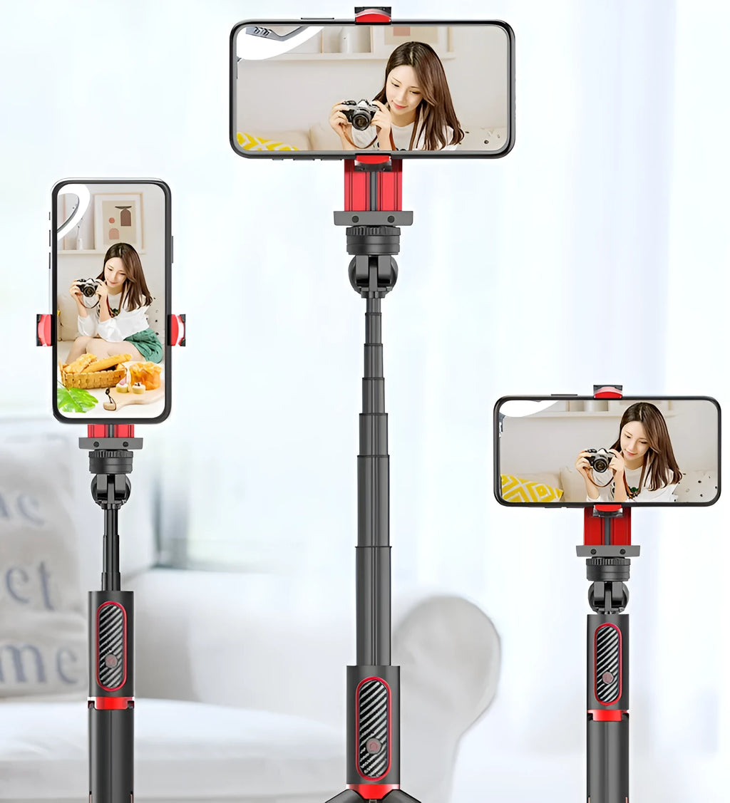 Aluminium alloy video stabiliser tripod extended to full length with phone clamp adjusted for iPhone compatibility