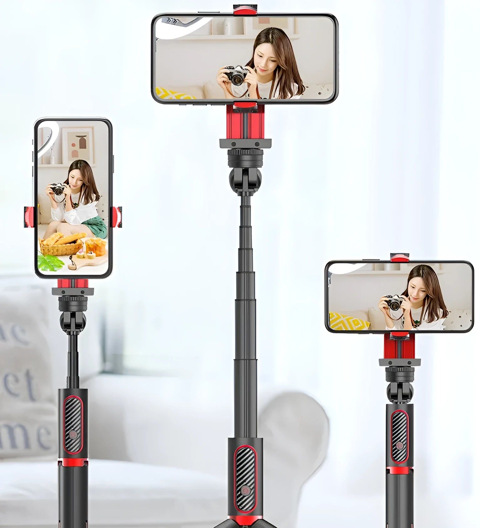 Aluminium alloy video stabiliser tripod extended to full length with phone clamp adjusted for iPhone compatibility