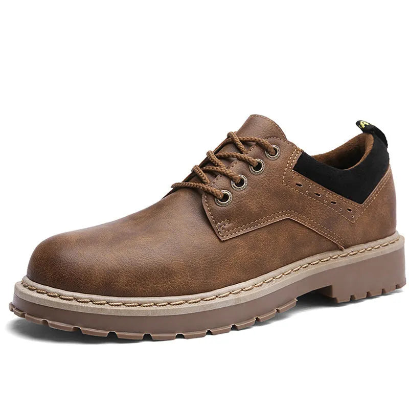 Men's black casual shoes with round toe and front-tie lacing on rubber soles