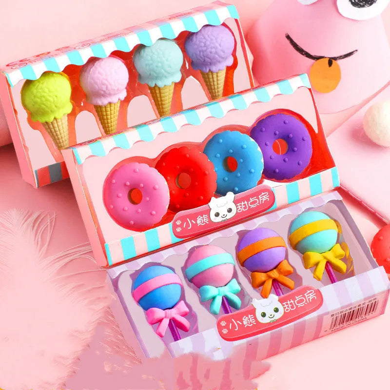Set of twelve colourful cartoon food-shaped erasers including ice creams, doughnuts, and lollipops.