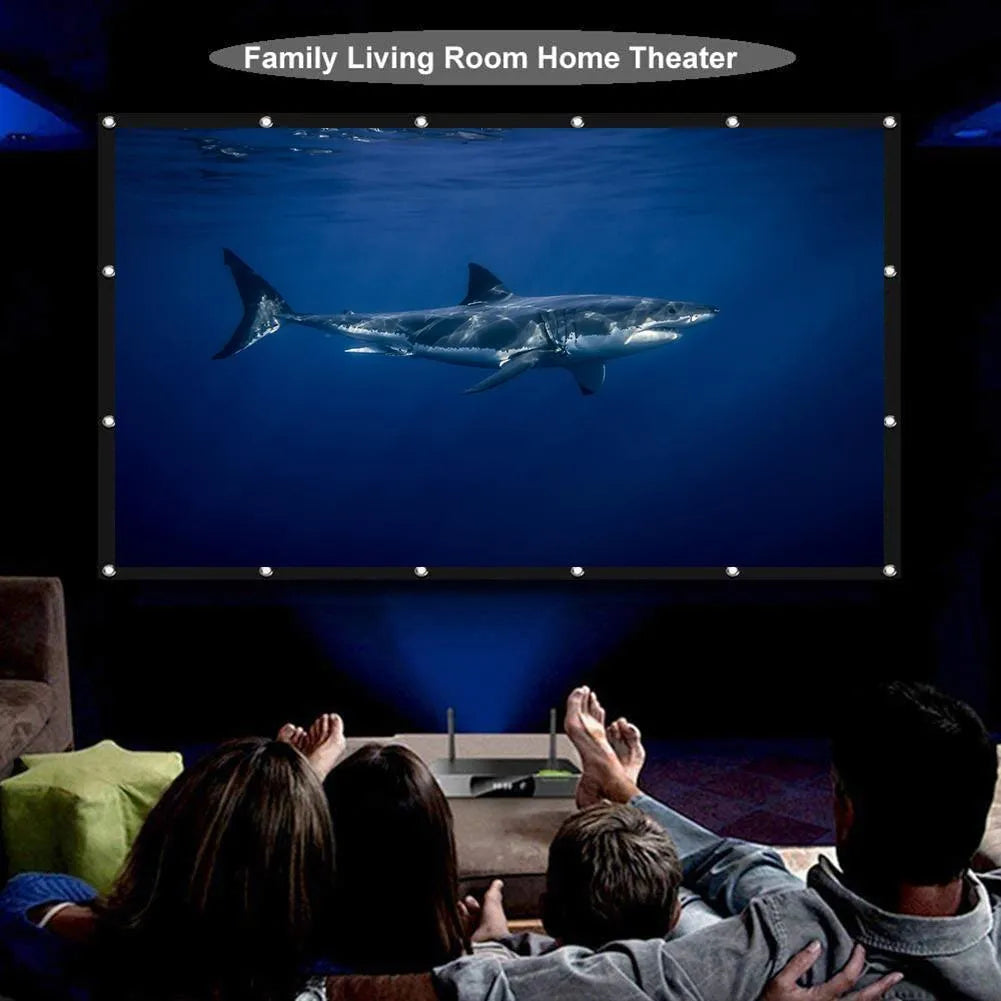 White polyester folding projection screen with 150 inch measurement shown folded