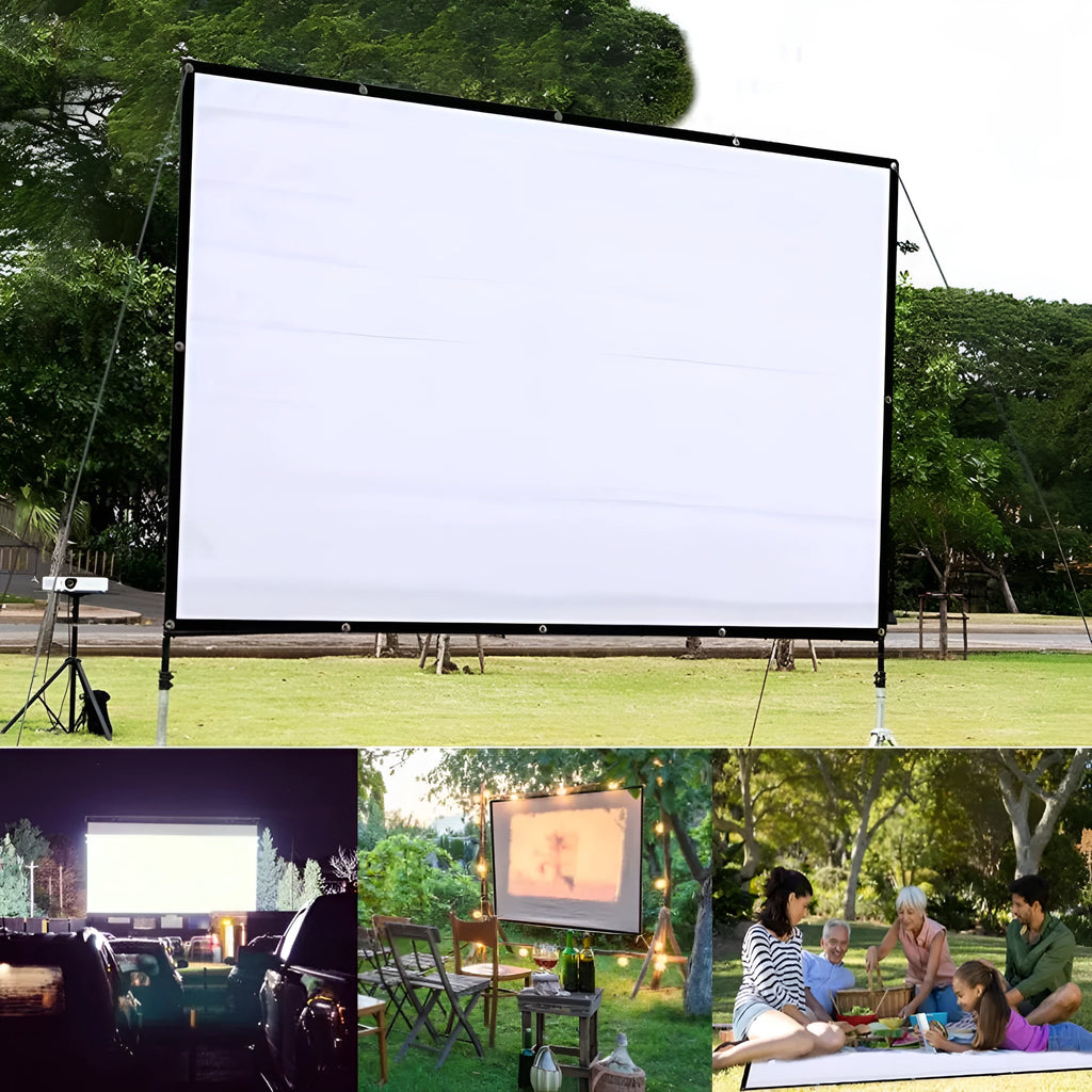White polyester folding projection screen with 150 inch measurement shown folded