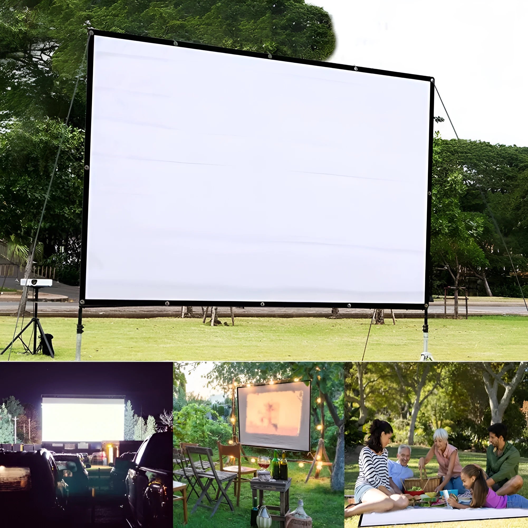 White polyester folding projection screen with 150 inch measurement shown folded