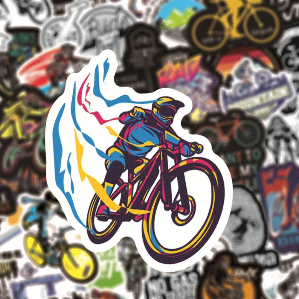 Pack of 50 bicycle and mountain bike doodle stickers for sports gear customisation.