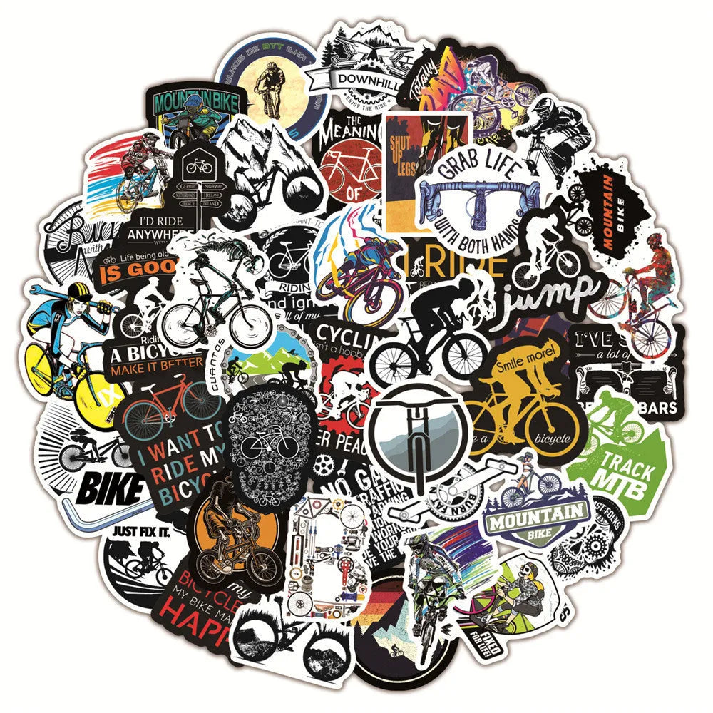Pack of 50 bicycle and mountain bike doodle stickers for sports gear customisation.