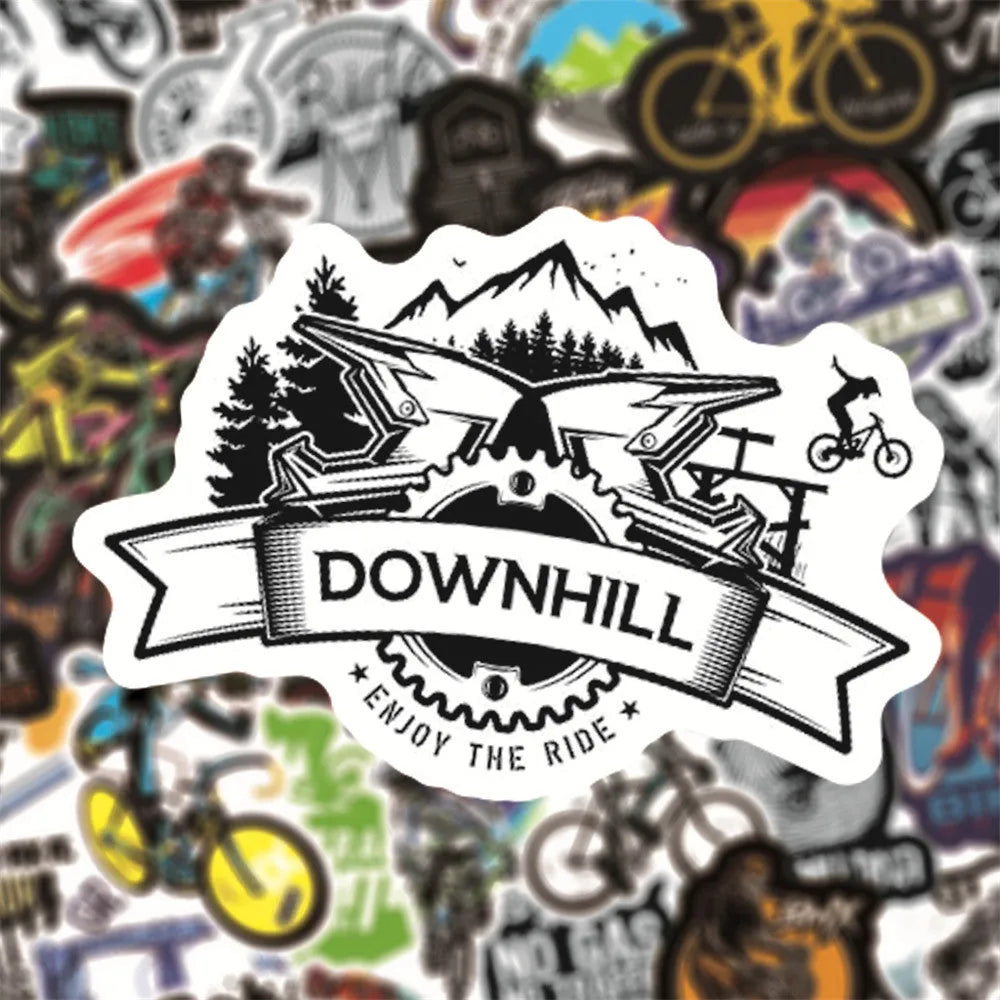 Pack of 50 bicycle and mountain bike doodle stickers for sports gear customisation.