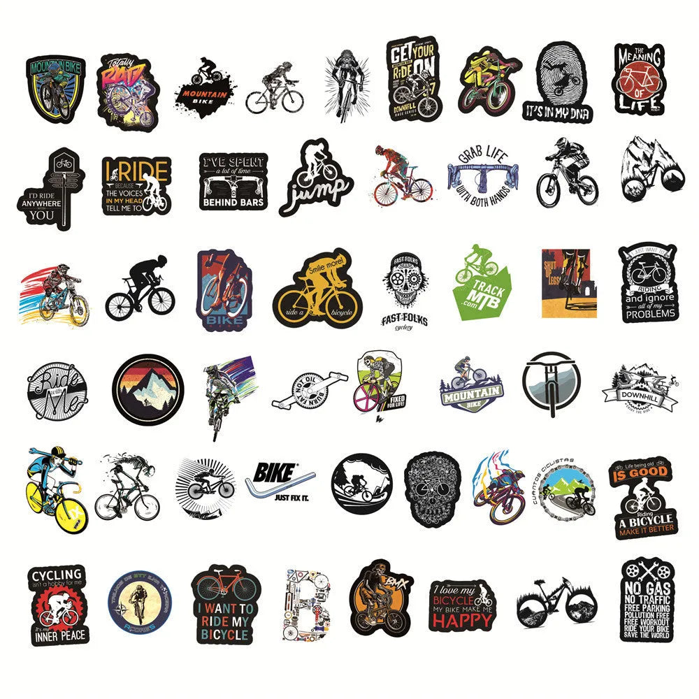 Pack of 50 bicycle and mountain bike doodle stickers for sports gear customisation.