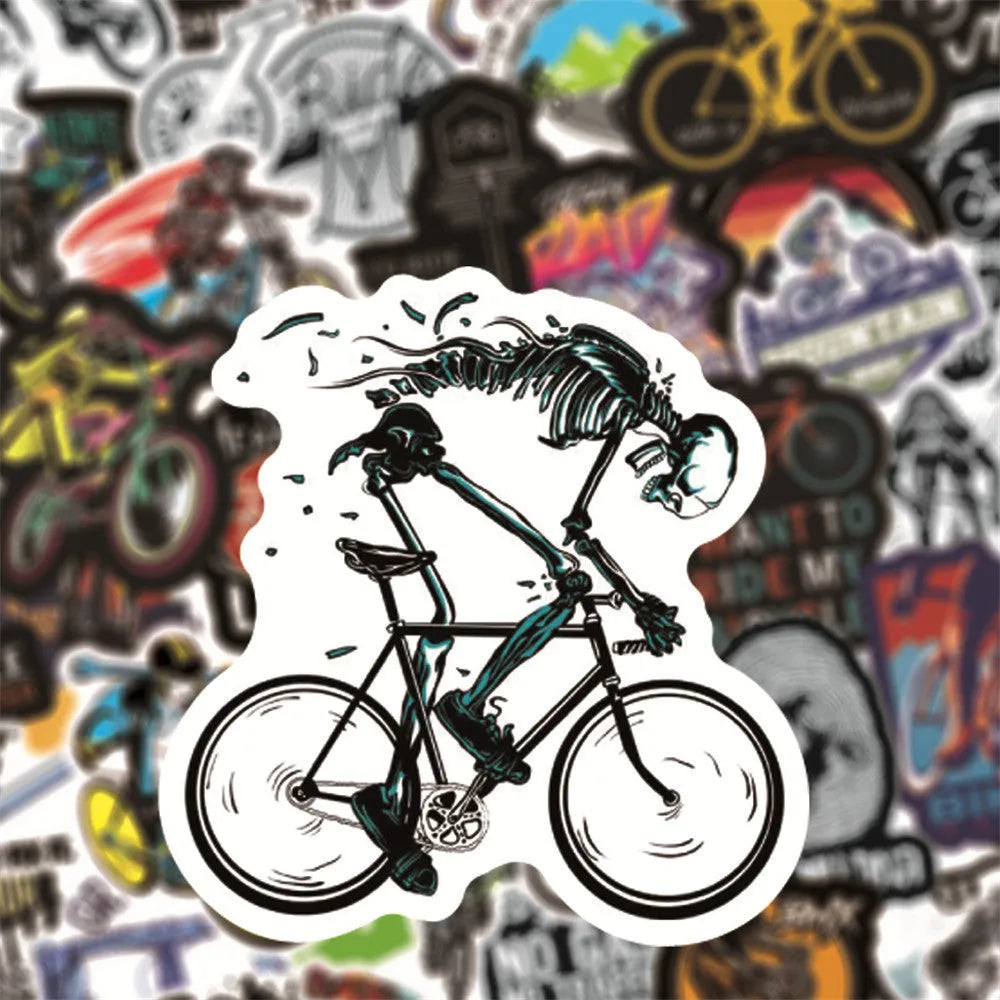 Pack of 50 bicycle and mountain bike doodle stickers for sports gear customisation.