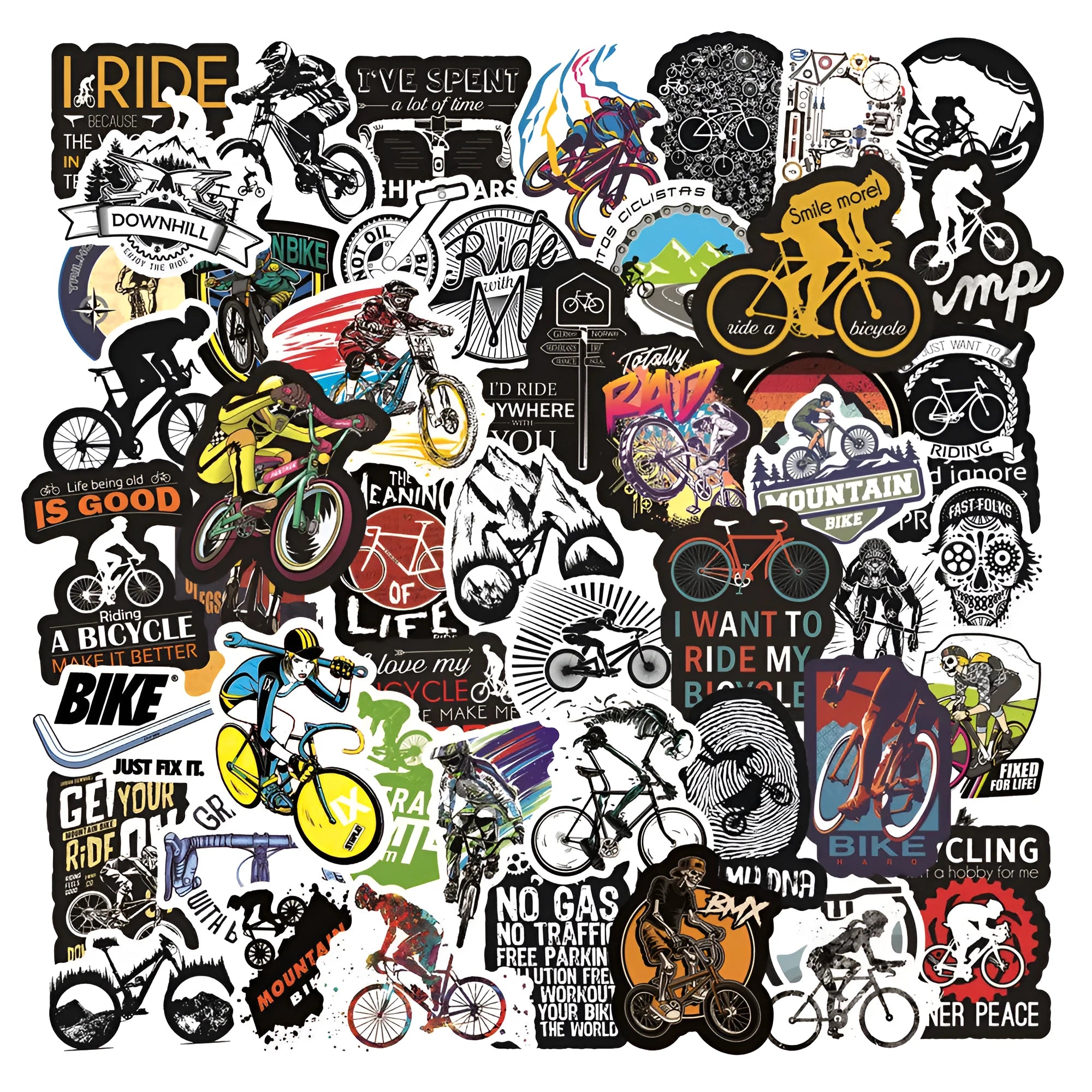 Pack of 50 bicycle and mountain bike doodle stickers for sports gear customisation.