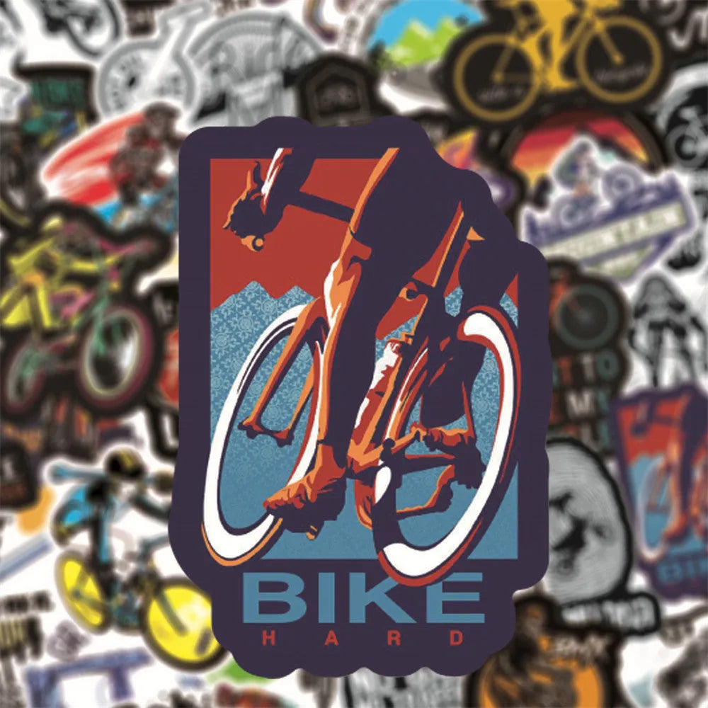 Pack of 50 bicycle and mountain bike doodle stickers for sports gear customisation.