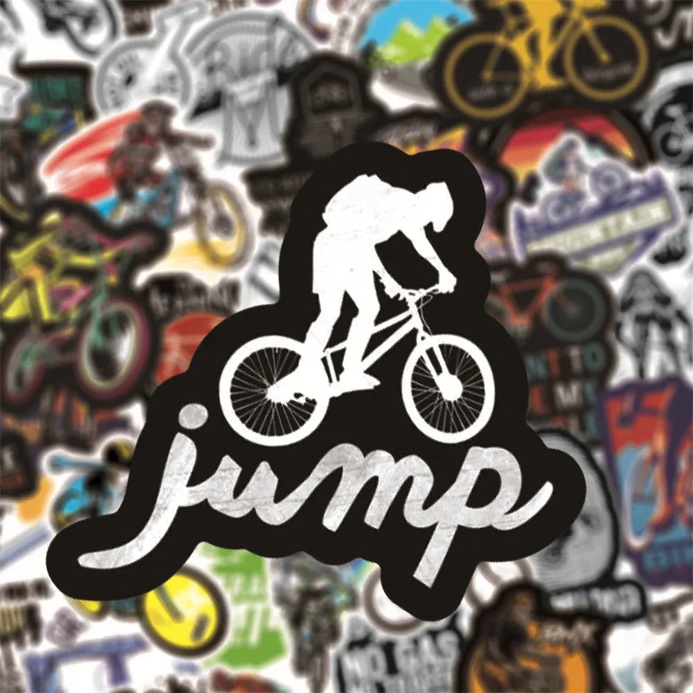 Pack of 50 bicycle and mountain bike doodle stickers for sports gear customisation.