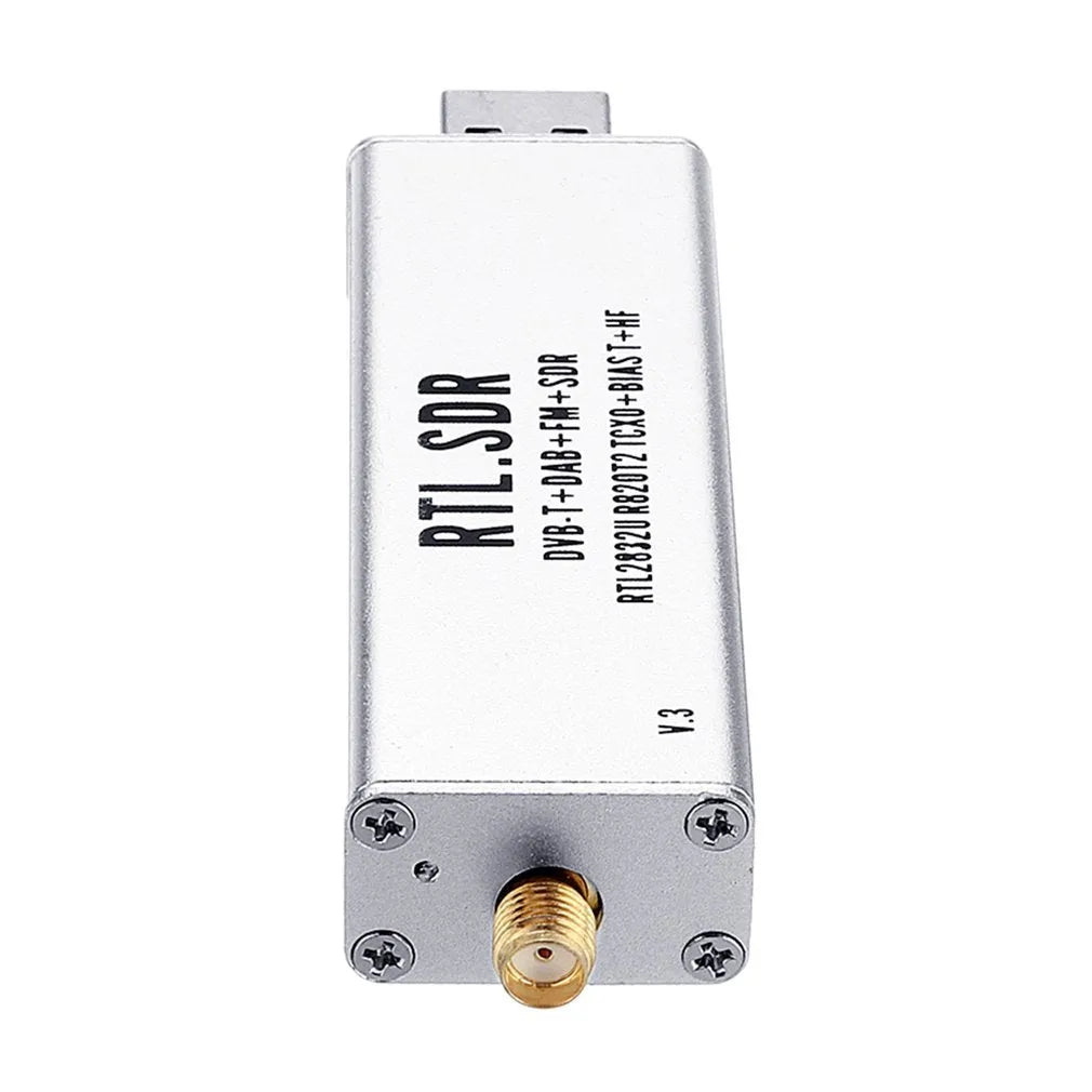 Black metal A300U software-defined radio receiver with golden SMA connector for 25-1700MHz coverage