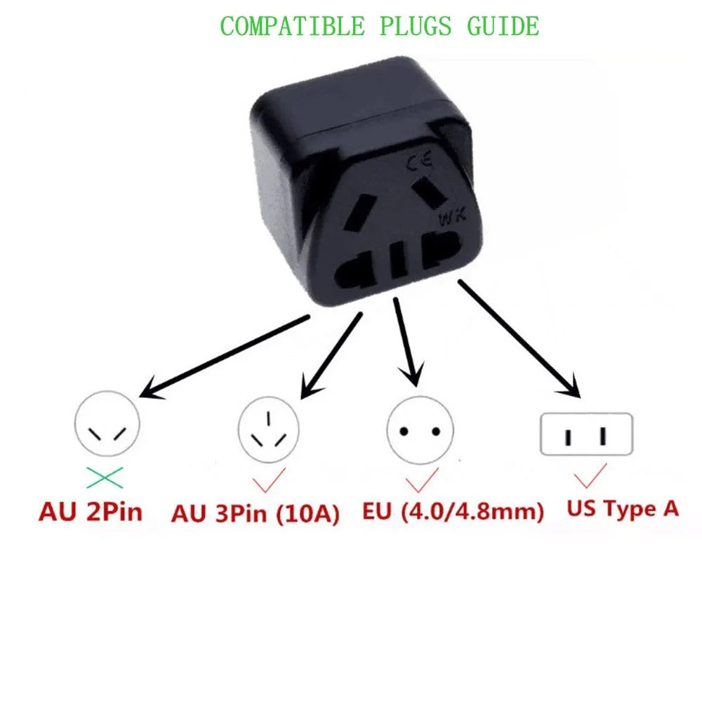 Square three plug power adapter with UK plug socket and international plug pins