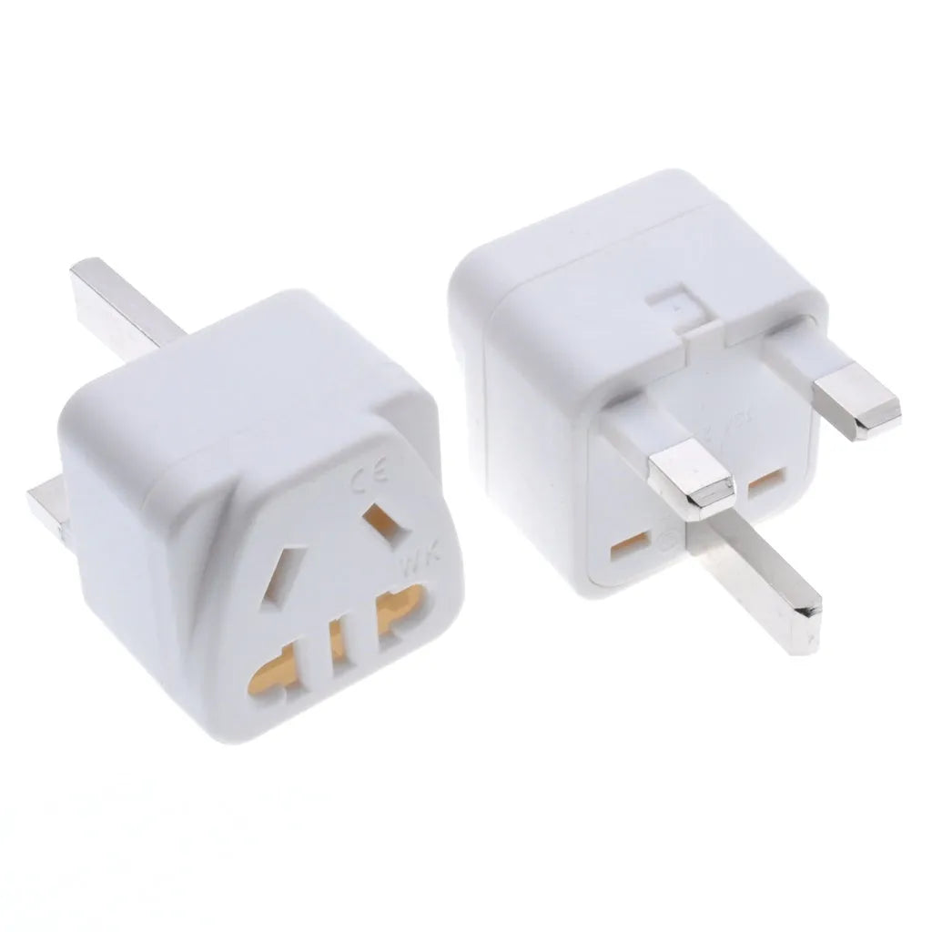 Square three plug power adapter with UK plug socket and international plug pins