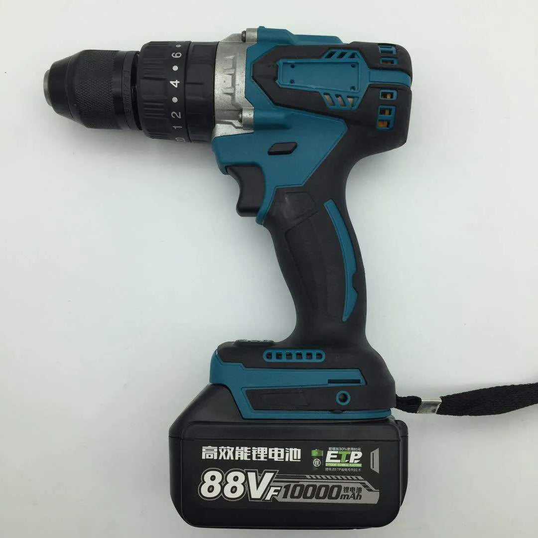 Cordless multifunction impact drill and screwdriver tool with a 13mm chuck and lithium battery pack.