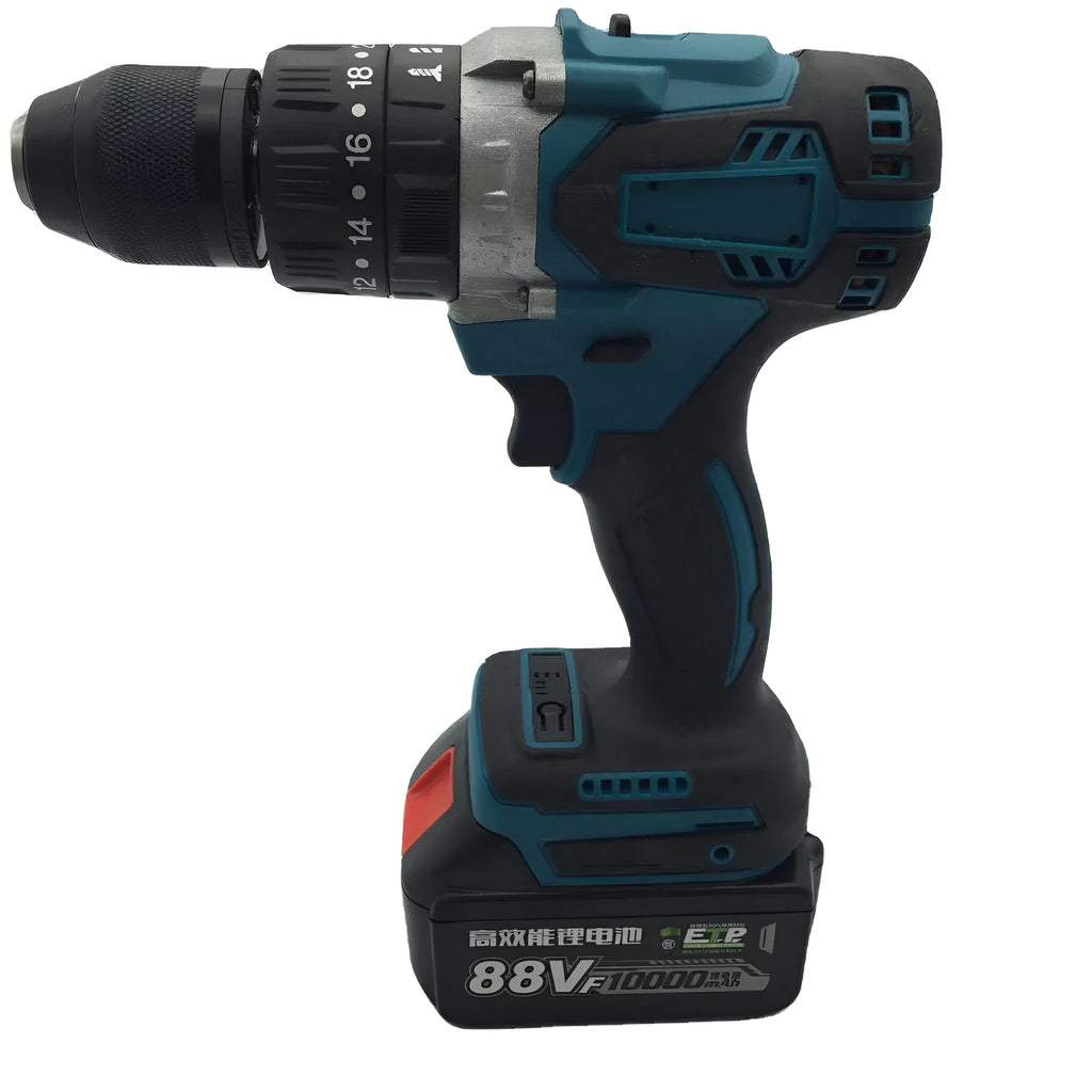 Cordless multifunction impact drill and screwdriver tool with a 13mm chuck and lithium battery pack.