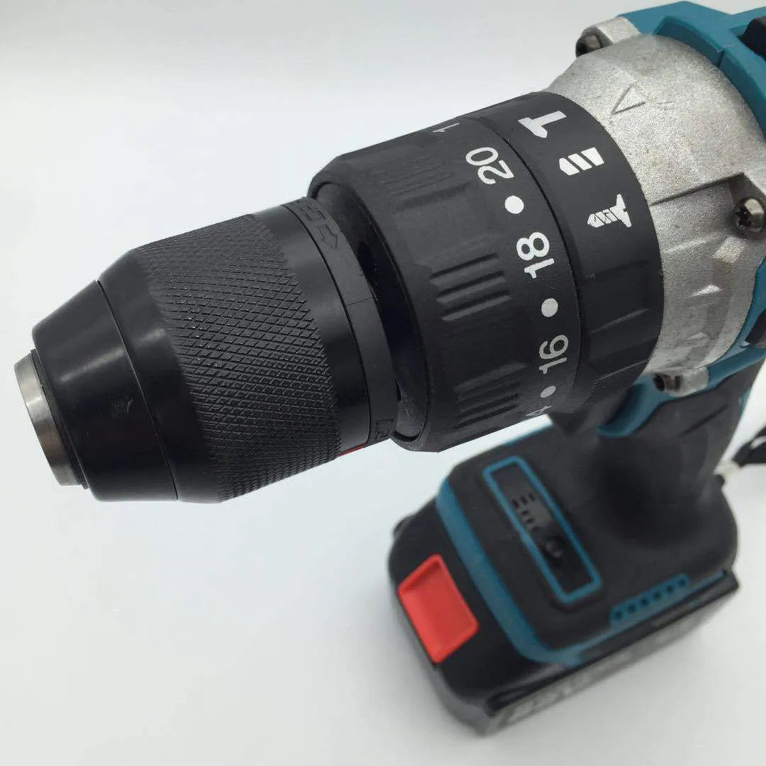 Cordless multifunction impact drill and screwdriver tool with a 13mm chuck and lithium battery pack.
