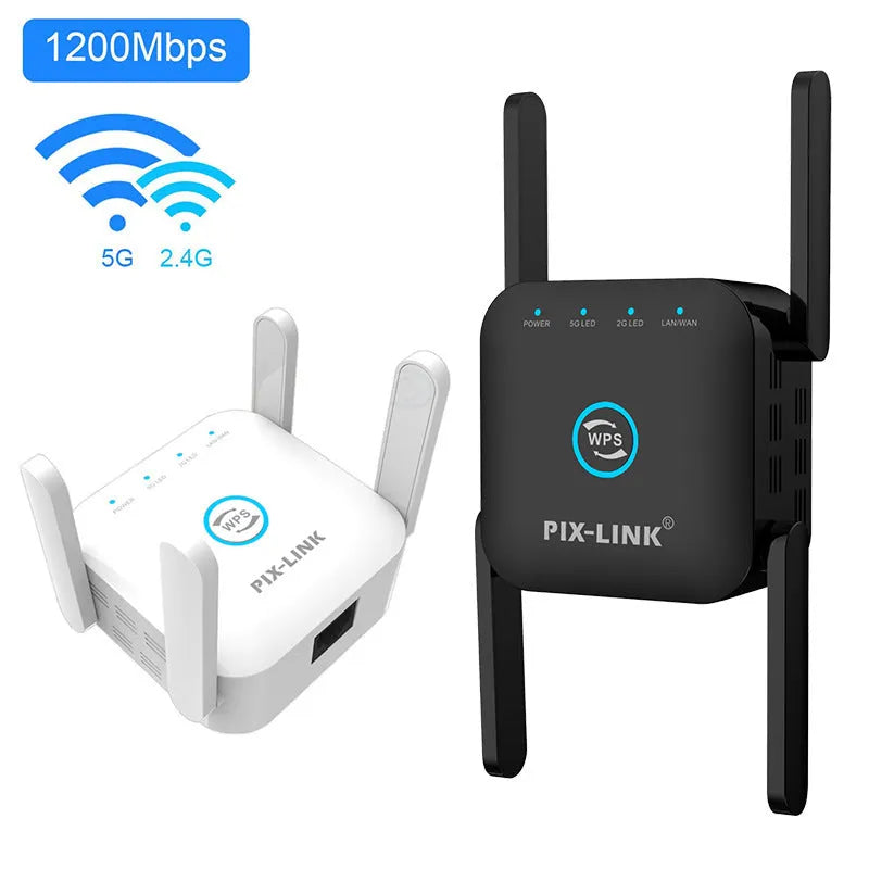 PIXLINK AC24 dual-band wireless WiFi extender router in black or white colour