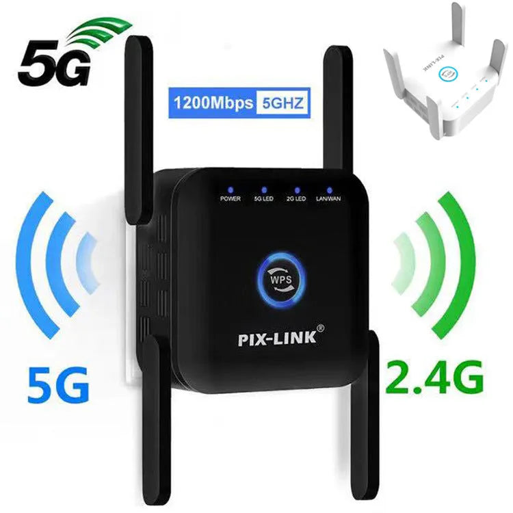 PIXLINK AC24 dual-band wireless WiFi extender router in black or white colour