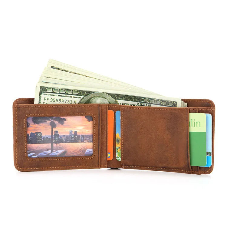Brown mini men's leather RFID wallet showing card slots and cash pocket.