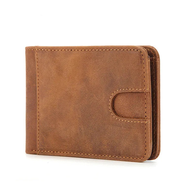 Brown mini men's leather RFID wallet showing card slots and cash pocket.