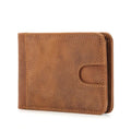 Brown mini men's leather RFID wallet showing card slots and cash pocket.