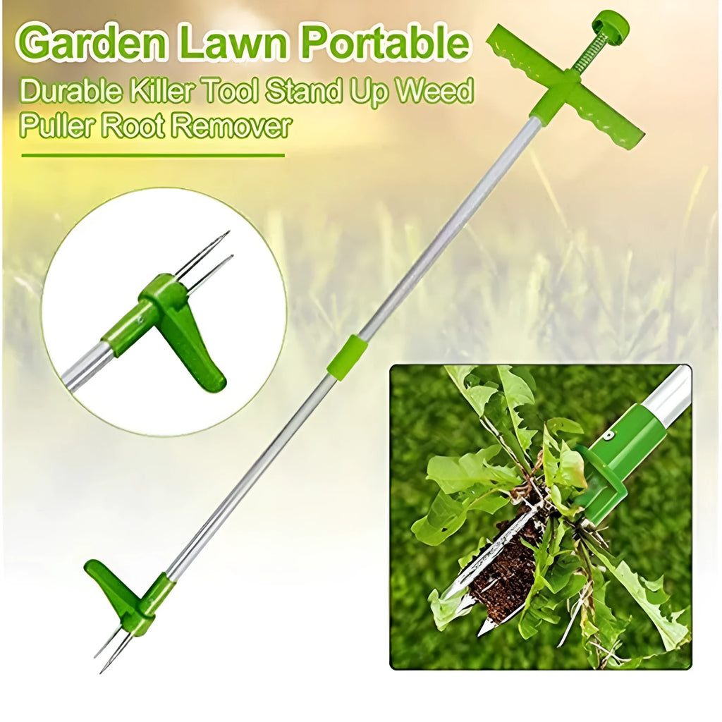 Manual aluminium garden weeding tool with plastic components, shown with its instruction manual.