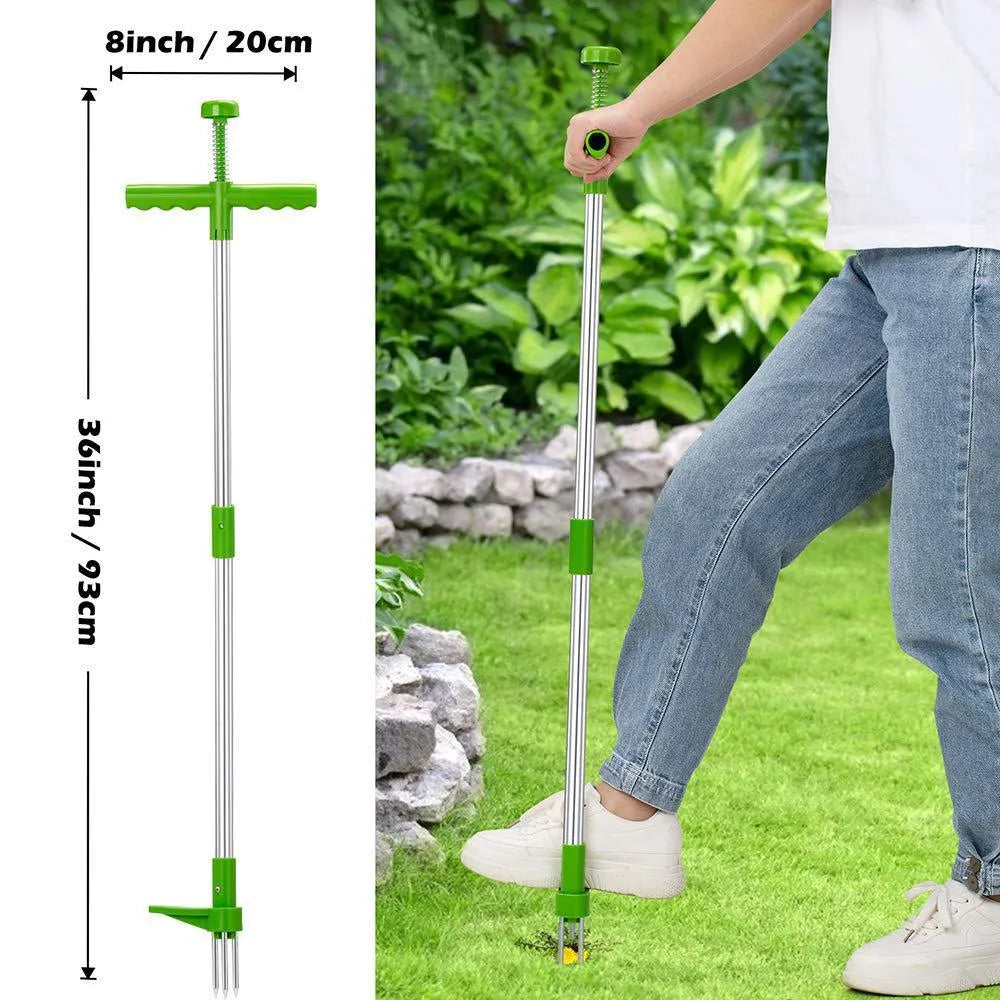 Manual aluminium garden weeding tool with plastic components, shown with its instruction manual.