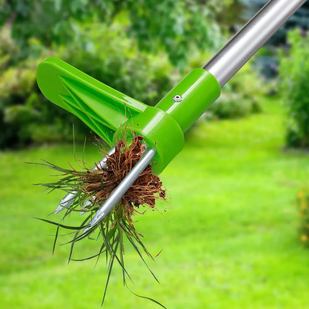 Manual aluminium garden weeding tool with plastic components, shown with its instruction manual.