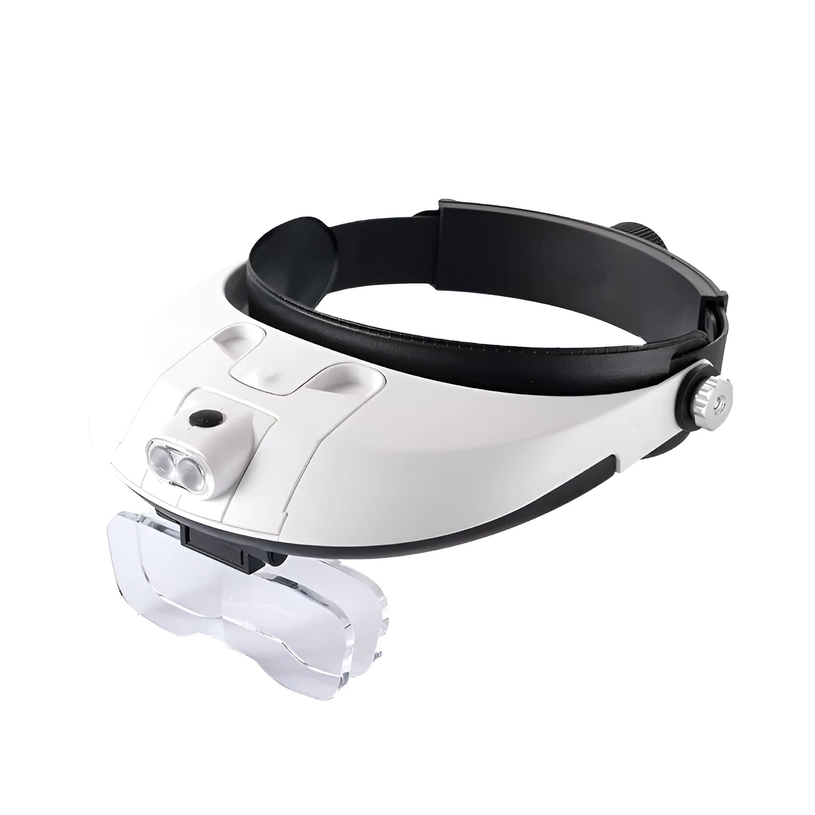 LED headband magnifier with interchangeable lenses showing five magnification levels from 1x to 3.5x