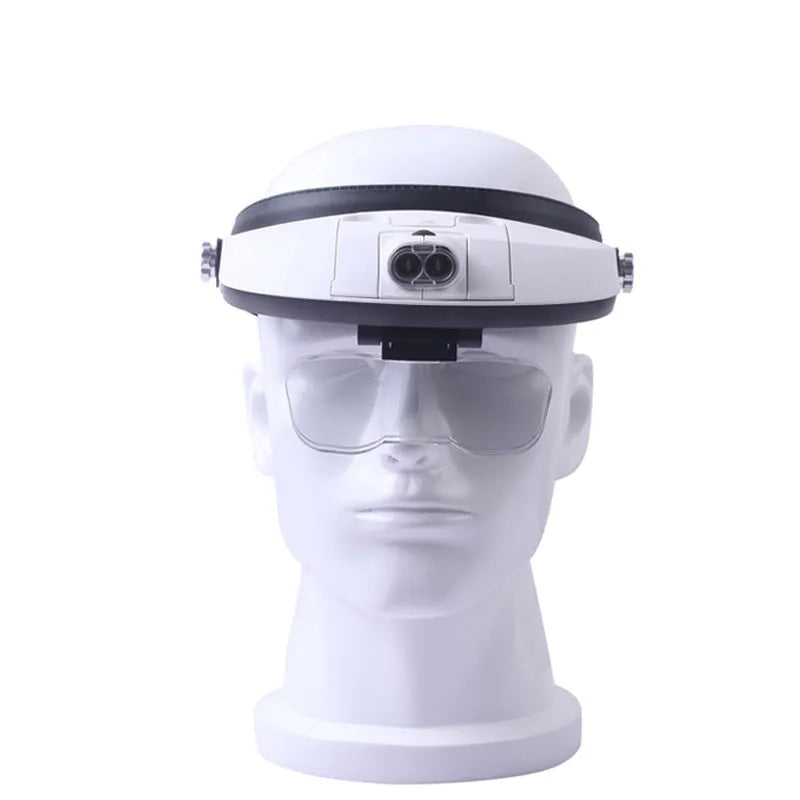 LED headband magnifier with interchangeable lenses showing five magnification levels from 1x to 3.5x