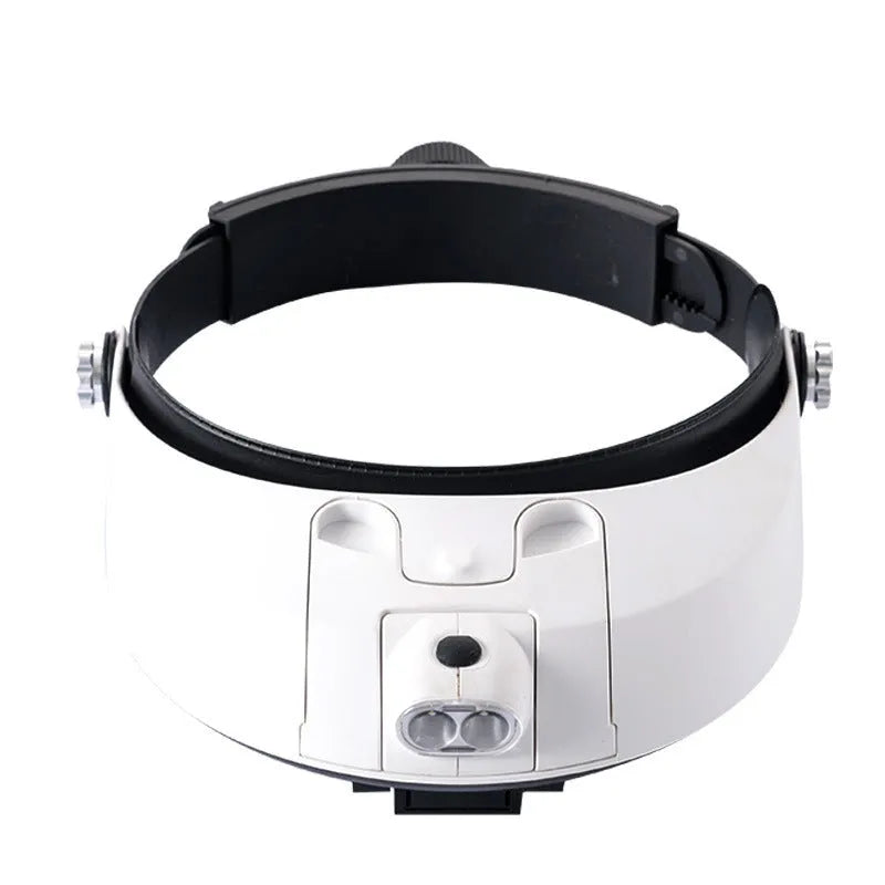 LED headband magnifier with interchangeable lenses showing five magnification levels from 1x to 3.5x