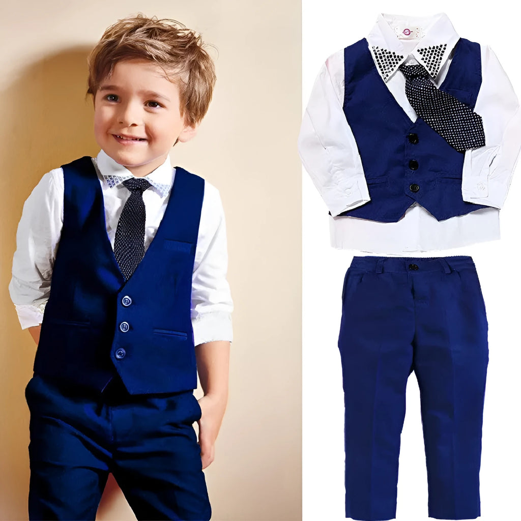 Blue boys' suit set on a hanger featuring a vest, turtleneck, trousers, and tie for toddlers.