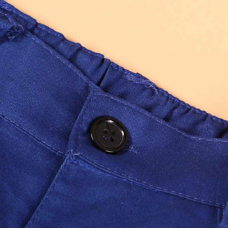 Blue boys' suit set on a hanger featuring a vest, turtleneck, trousers, and tie for toddlers.