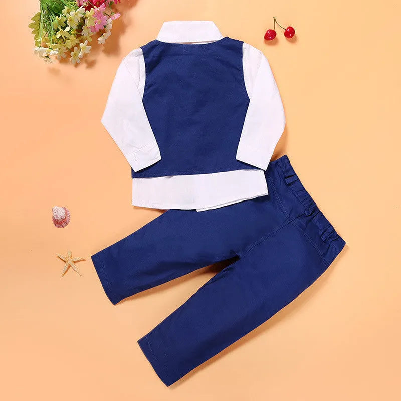 Blue boys' suit set on a hanger featuring a vest, turtleneck, trousers, and tie for toddlers.