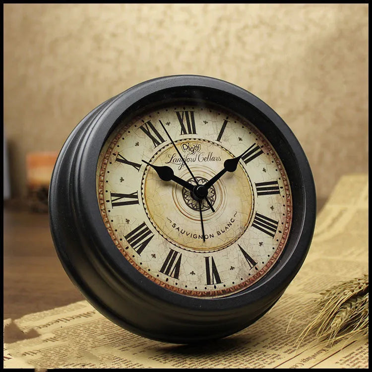 Round 6-inch European retro desk clock with silent sweep movement on wooden surface