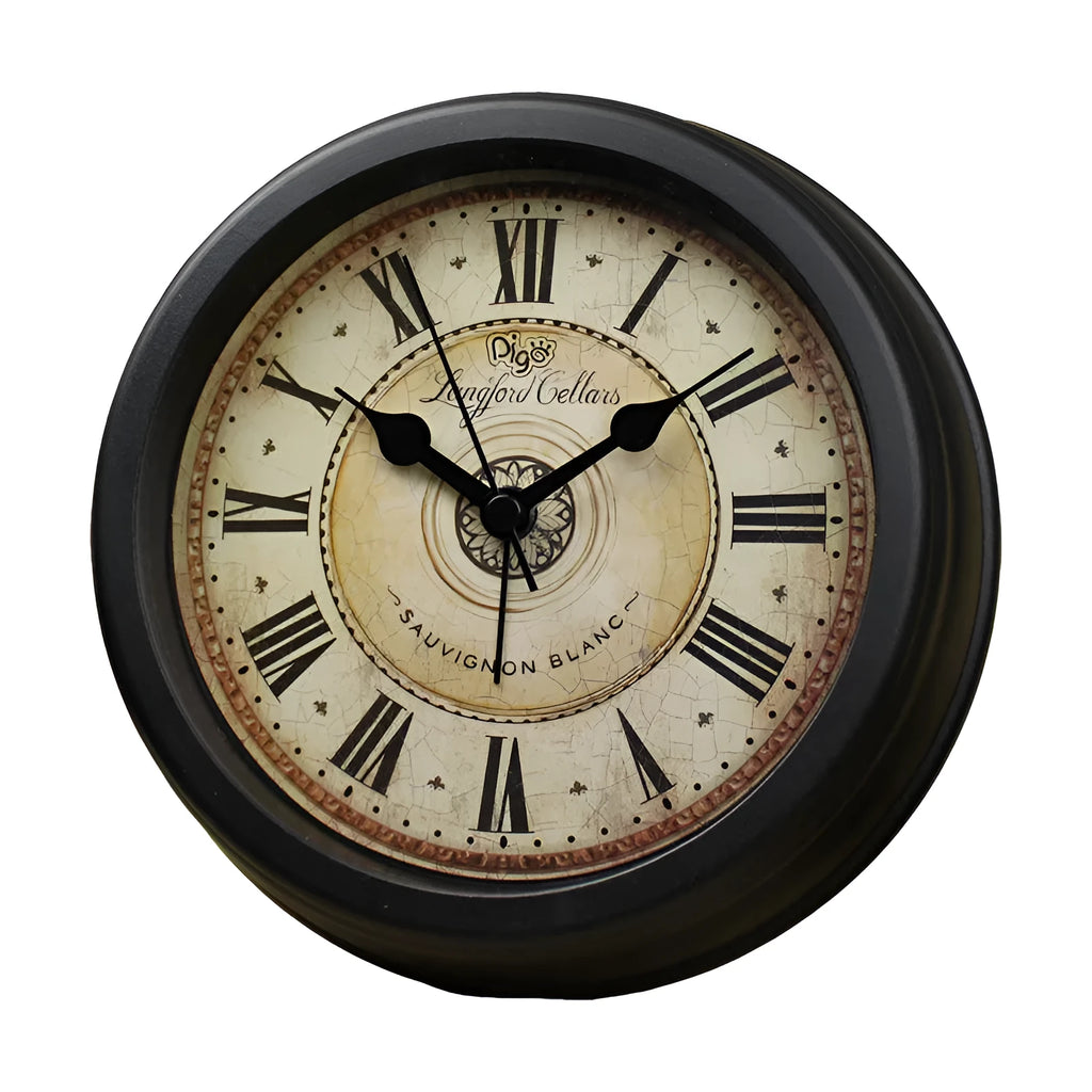 Round 6-inch European retro desk clock with silent sweep movement on wooden surface