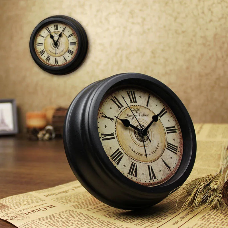 Round 6-inch European retro desk clock with silent sweep movement on wooden surface