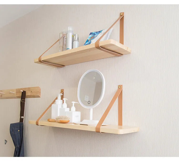 Pine wood wall-mounted storage rack or bookshelf with Nordic style design.