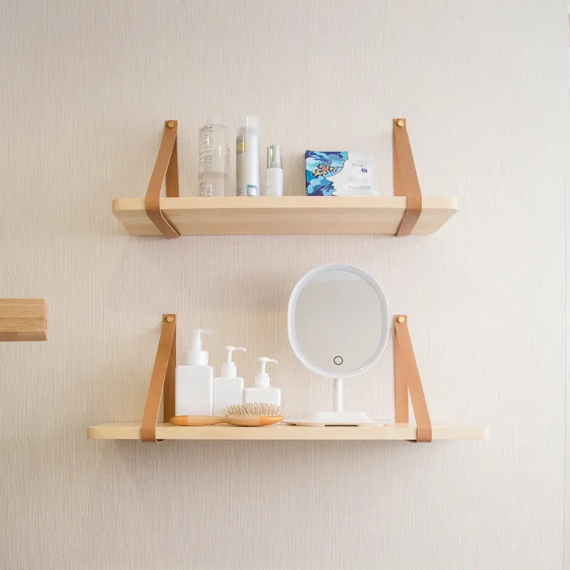 Pine wood wall-mounted storage rack or bookshelf with Nordic style design.