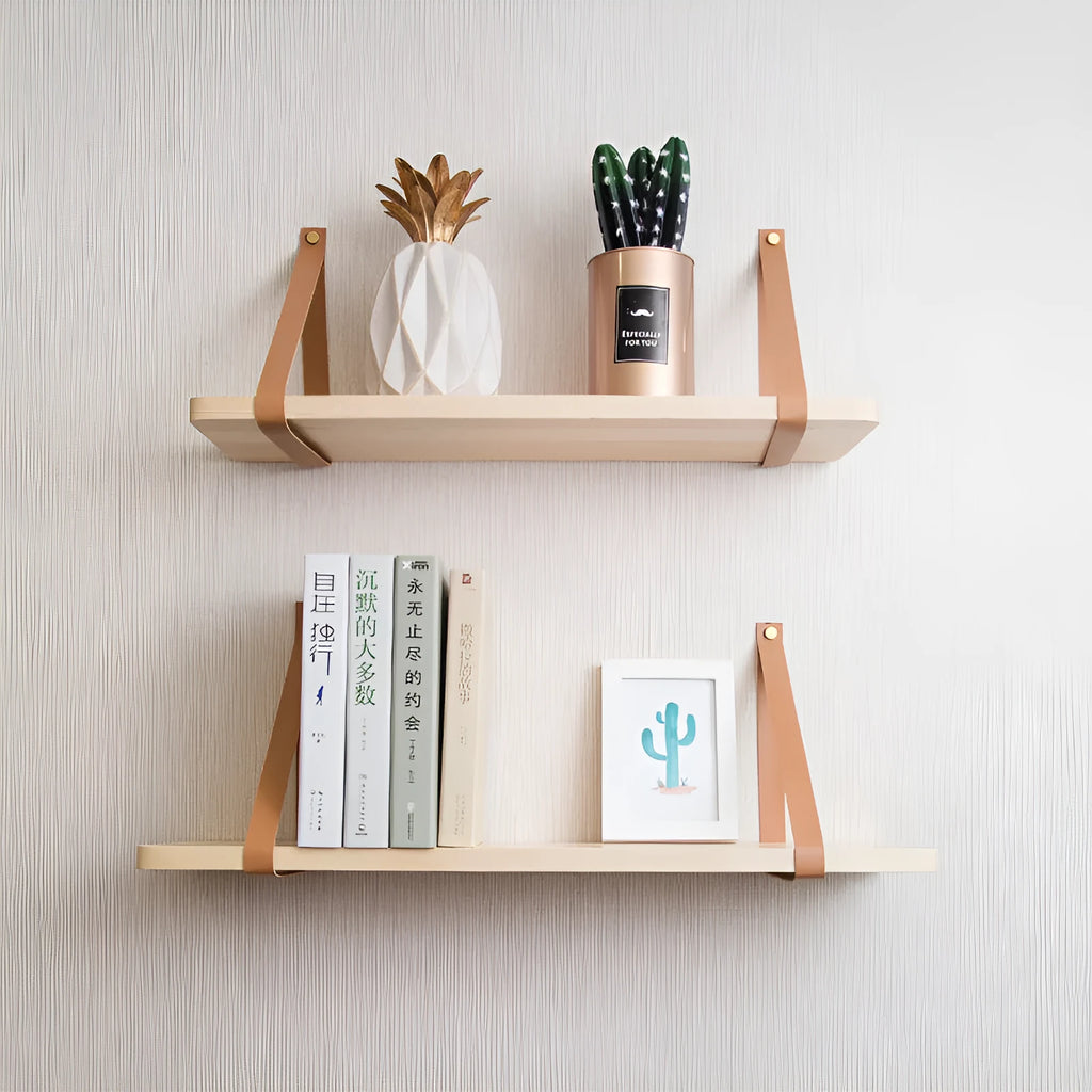 Pine wood wall-mounted storage rack or bookshelf with Nordic style design.