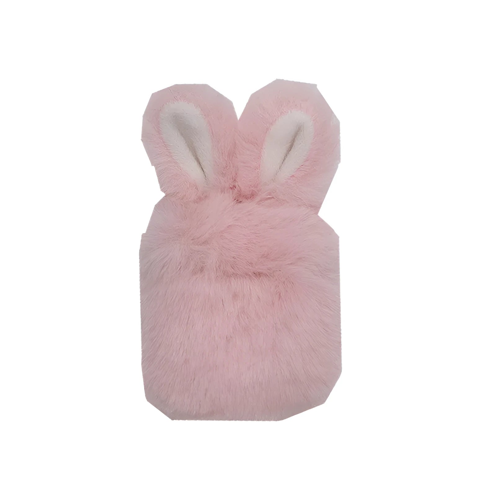 Pink silicone AirPods case with grey plush rabbit ears charm on Apple AirPods charging case