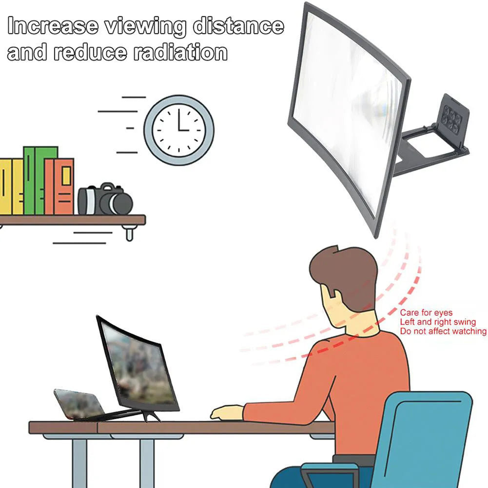 12 inch black ABS mobile screen magnifier with HD acrylic lens on a desk, showing a phone held in anti-slip slot