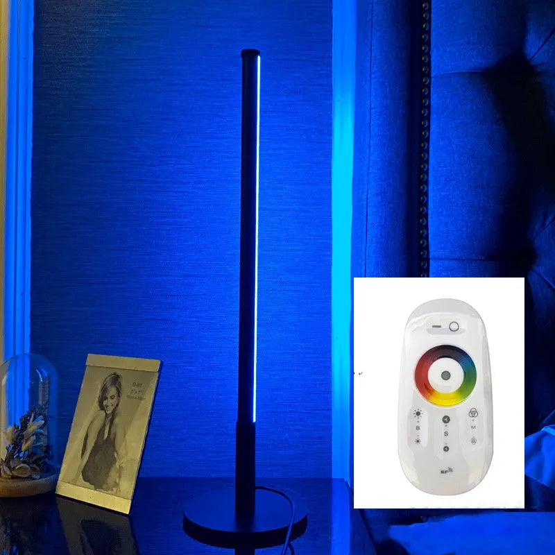 Nordic minimalist black LED bedside lamp with remote control showing RGB colour display