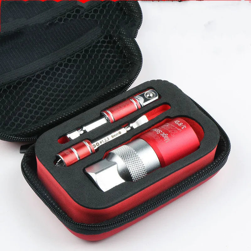 Red metric socket set with 7-19mm and 9-21mm universal sleeves for electric screwdrivers