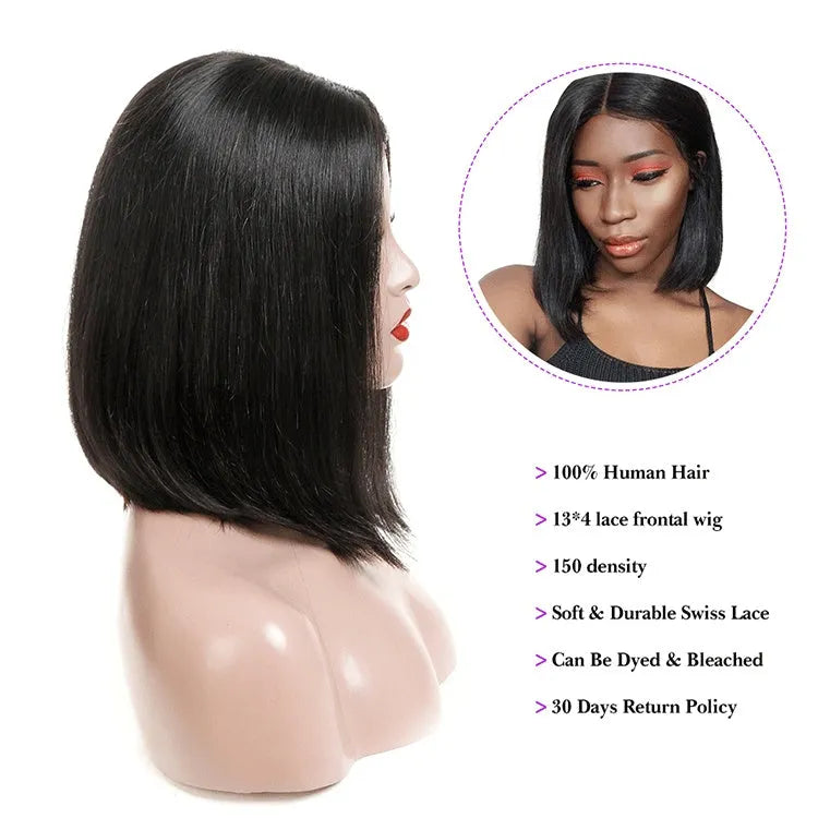 Real human hair 13x4 lace short bob wig in natural 1B colour with slanted bangs