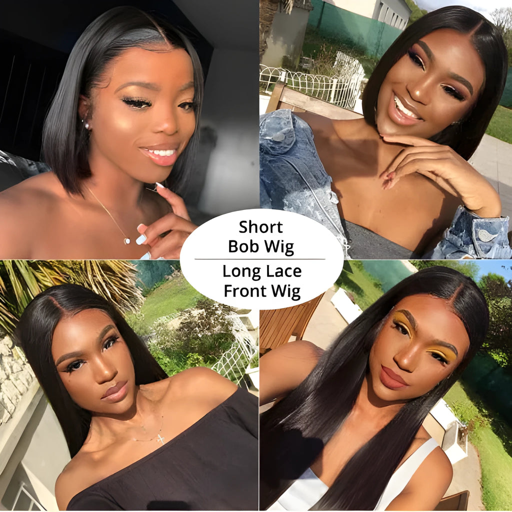 Real human hair 13x4 lace short bob wig in natural 1B colour with slanted bangs